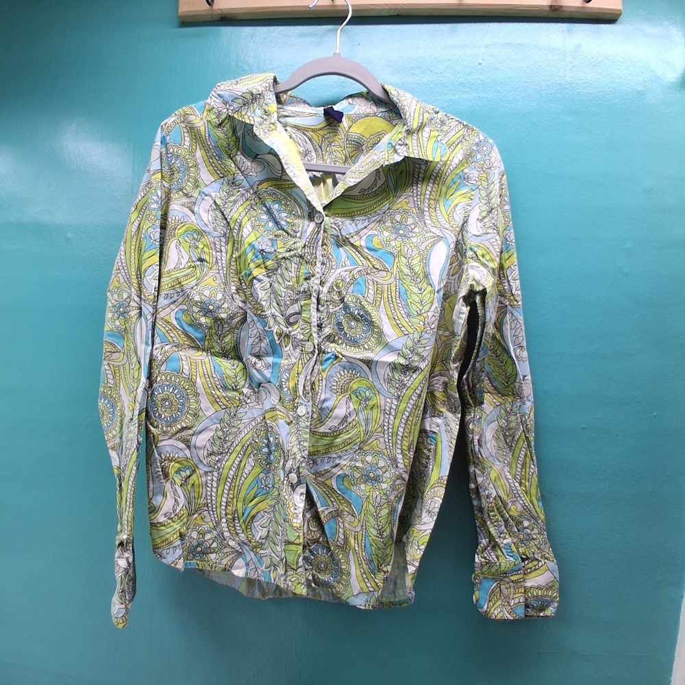 GAP Paisley Button Down Shirt Large Green Blue Boho Preppy Cotton Top